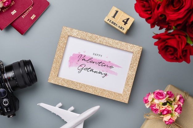 Download Mockup golden picture frame for travel with valentines day & love season | Premium PSD File
