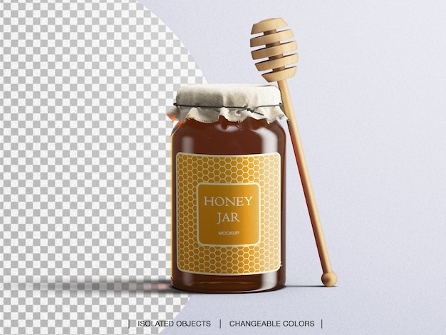 Download Premium Psd Mockup Of Honey Jar Packaging Glass Bottle With Honey Spoon Isolated