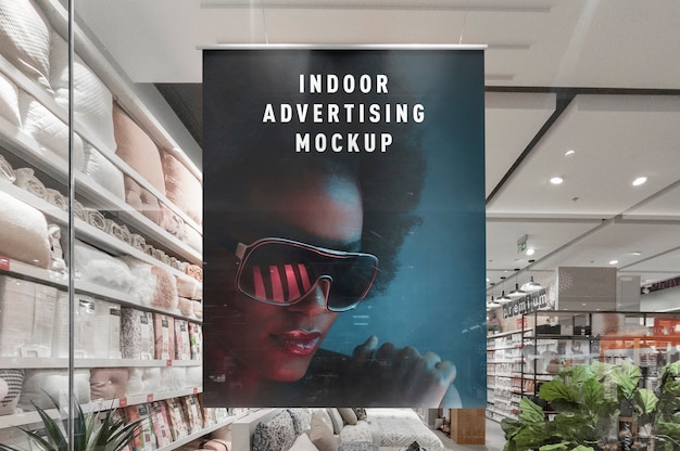 Download Mockup of indoor advertising vertical hanging poster in mall shop ping centre shop window PSD ...