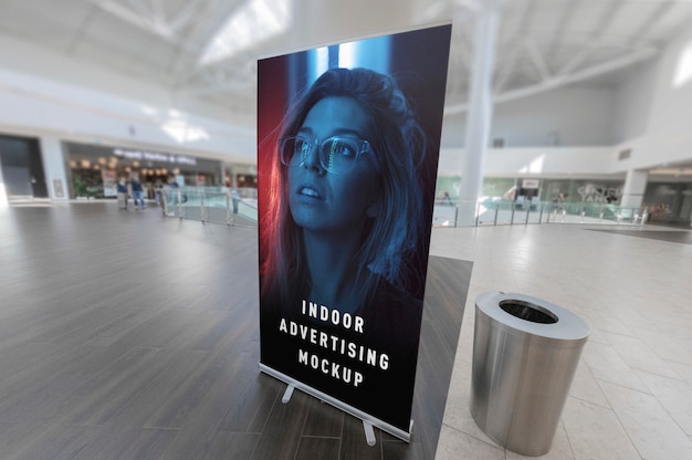 Download Premium Psd Mockup Of Indoor Advertising Vertical Poster Rollup Stand In Mall Shop Ping Centre PSD Mockup Templates