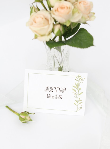 Download Mockup invitation card with bouquet roses in vase PSD file | Premium Download