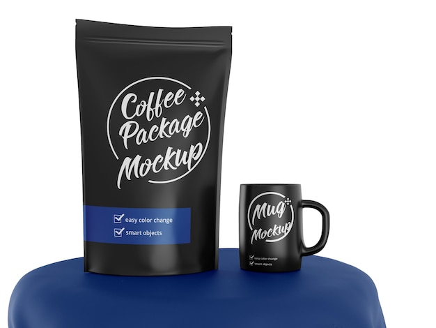 Download Premium Psd Mockup Of Matte Stand Up Bag With Coffee Cup