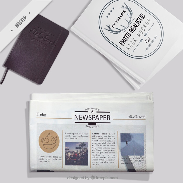 Download Mockup of newspaper with notebook and photo book | Free PSD File