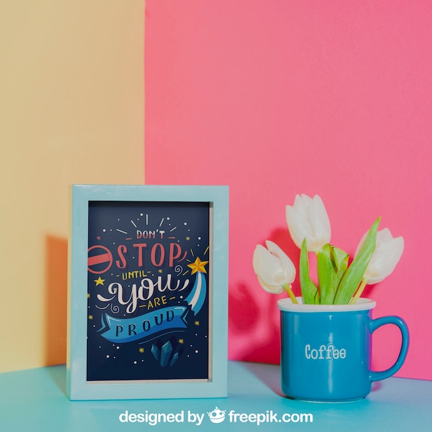 Mockup of frame next to blue mug Free Psd Mockup of frame next to blue mug Free Psd