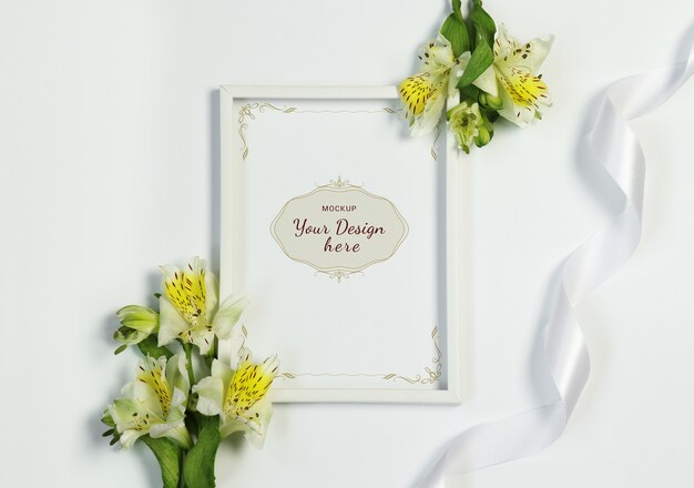 Download Mockup photo frame with flowers and ribbon on white background | Premium PSD File