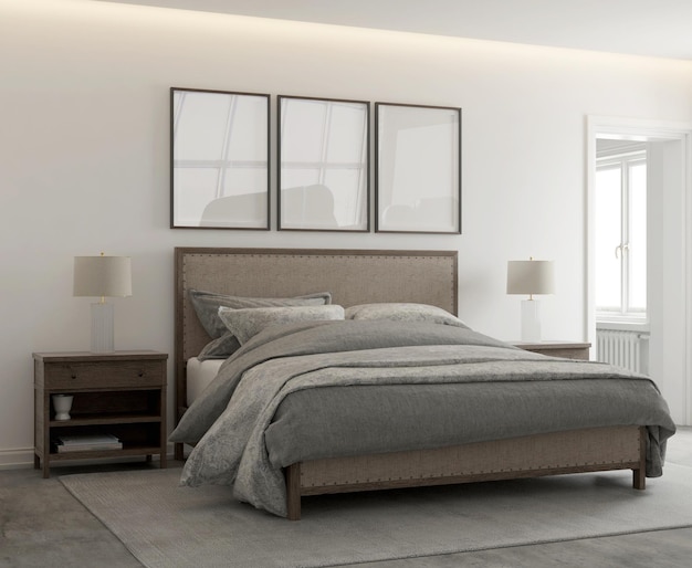 Premium PSD | Mockup poster in modern contemporary bedroom