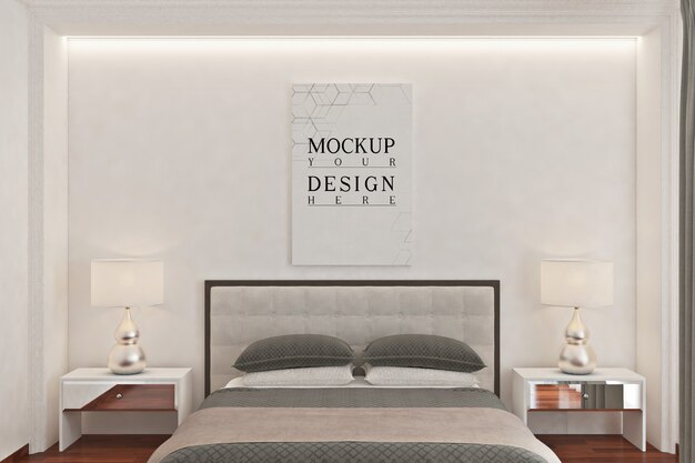 Premium PSD | Mockup poster in modern monochrome bedroom