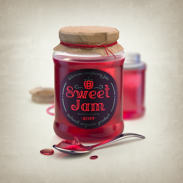 Download Mockup of a red jam jar with a spoon and round label | Premium PSD File