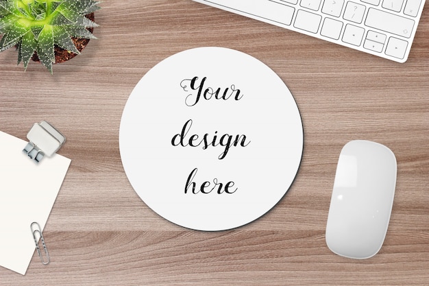 Download Mockup of round mouse pad on a work table | Premium PSD File