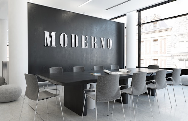 Download Premium Psd Mockup Of Silver 3d Office Logo In Elegant Business Indoor Workspace PSD Mockup Templates