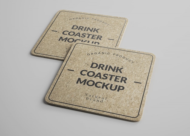 Mockup of square cork drink coasters with round edges in isometric view ...