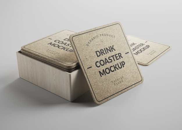 Mockup of square cork drink coasters with round edges in isometric view | Premium PSD File