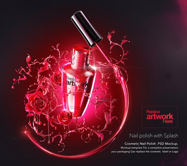 Mockup template of nail polish cosmetic product package and splash into rose shape background. Premi