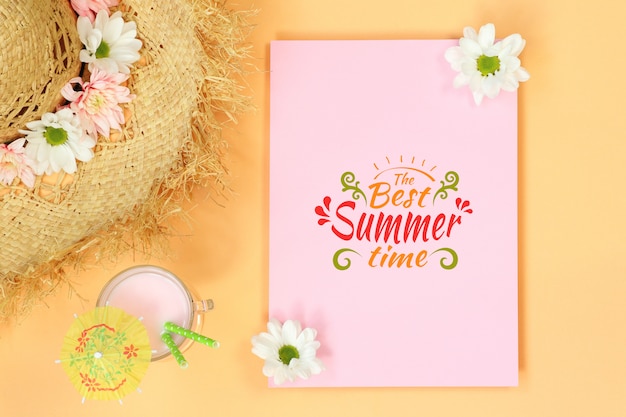 Download Mockup template with straw hat and summer cocktail PSD file | Premium Download