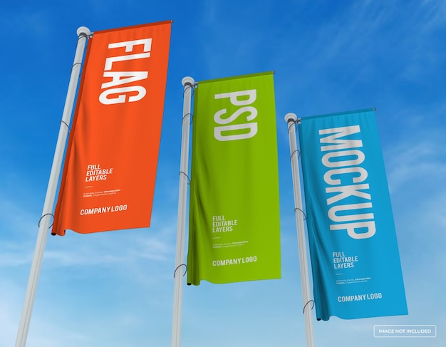 Premium PSD | Mockup of three vertical flags design from perespective view