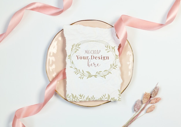 Download Mockup vintage invitation card on white background with pink ribbon and cottonweed | Premium PSD ...
