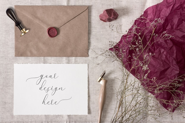 Download Premium PSD | Mockup for vintage wedding collection. envelope, wax seal and a paper card with ...