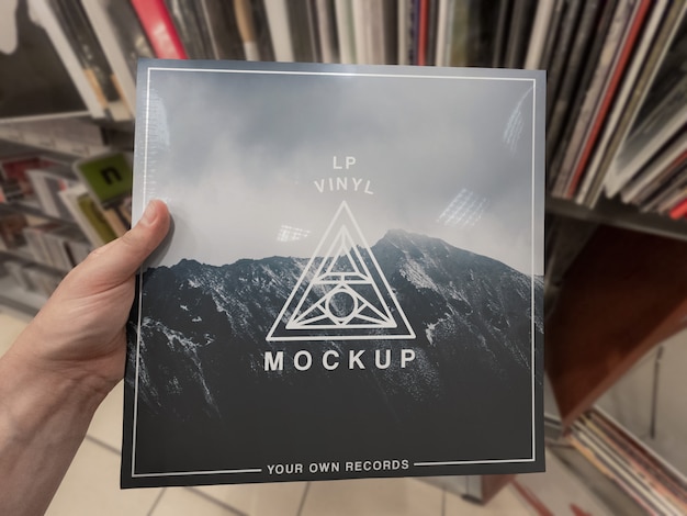 Download Mockup of vinyl record album cover holding in hand in vinyl store PSD file | Premium Download
