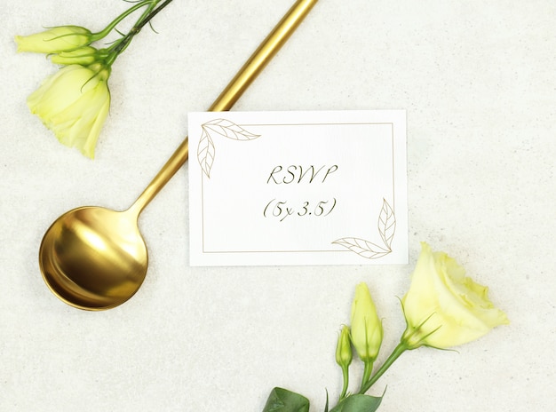 Download Mockup wedding card with gold spoon on grey background PSD ... PSD Mockup Templates