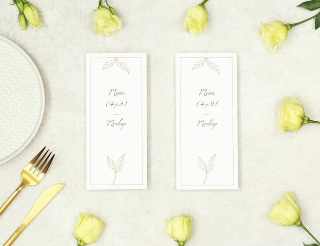 Download Mockup wedding menu with flowers and gold cutlery PSD file ...