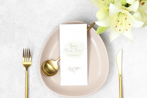 Download Mockup wedding menu with gold cutlery and lilies PSD file ...
