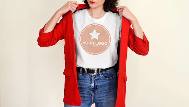 Download Premium Psd Mockup For White T Shirt Woman With Red Blazer
