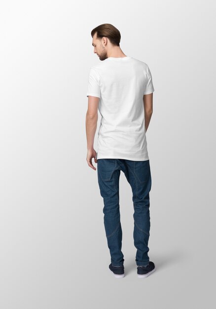 Download Model man with crew neck white t-shirt mockup, back view ... PSD Mockup Templates