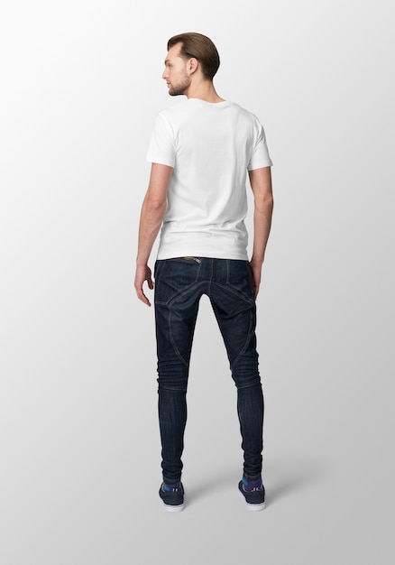 Model man with crew neck white t-shirt mockup, back view | Premium PSD File