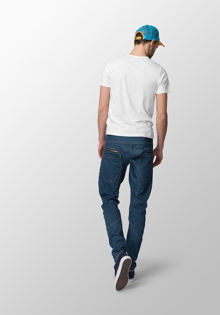 Download Model man with crew neck white t-shirt mockup, back view | Premium PSD File
