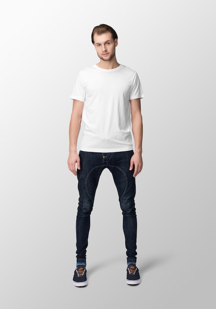 Download Model man with crew neck white t-shirt mockup, front view ...