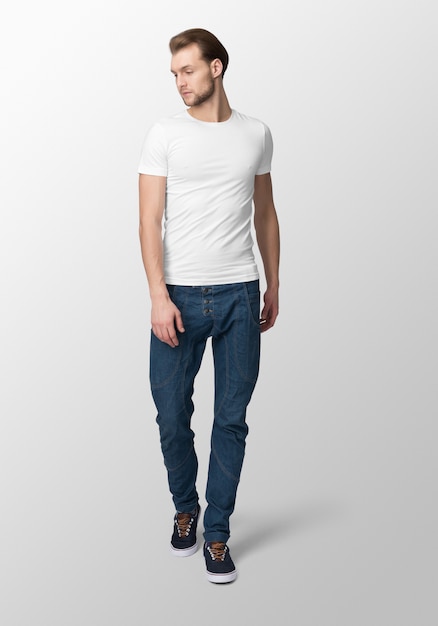 Model man with crew neck white t-shirt mockup, front view ...