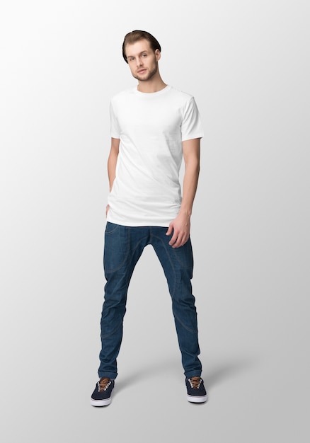 Model man with crew neck white t-shirt mockup, front view ...