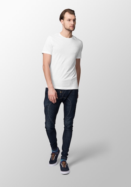Download Model man with crew neck white t-shirt mockup, front view | Premium PSD File