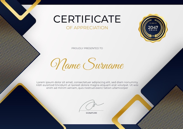 Modern blue gold certificate of appreciation template suit for award business corporate education Pr