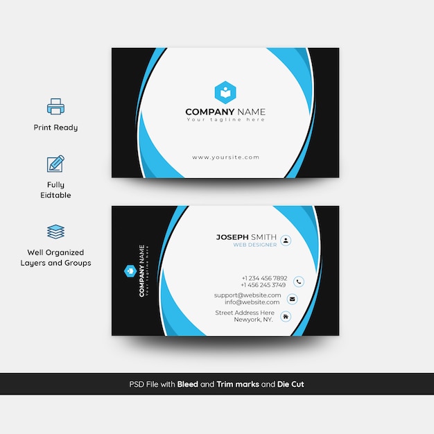 business card psd template with trim and bleed guides