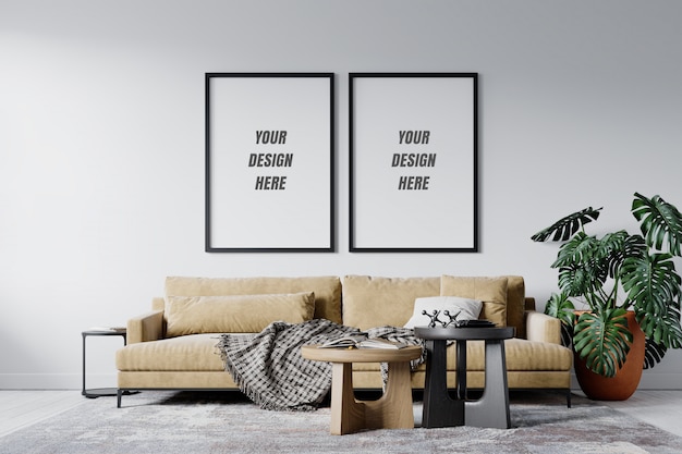 Modern interior living room frame and wall mockup Premium Psd