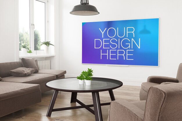 Modern panoramic smart tv mockup on a 3d rendering of living room Premium Psd