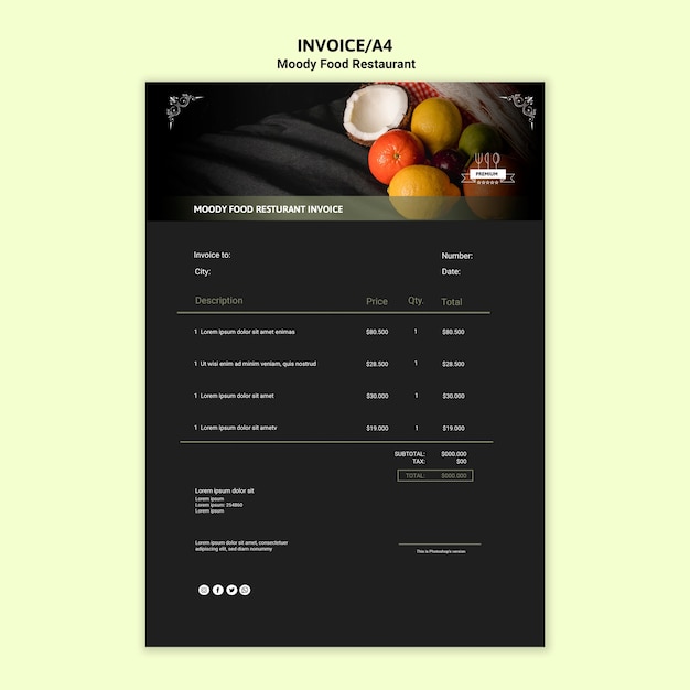 Moody food invoice template Free PSD File