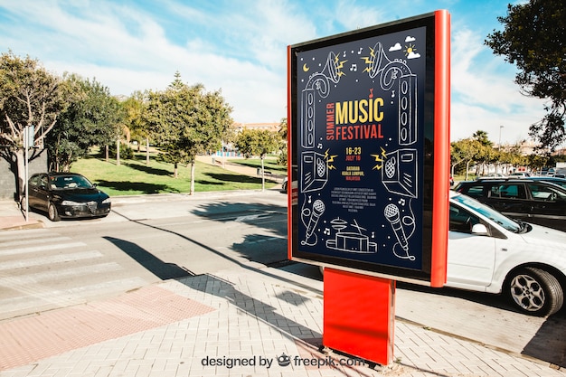 Mupi mockup in front of parked cars PSD file | Free Download