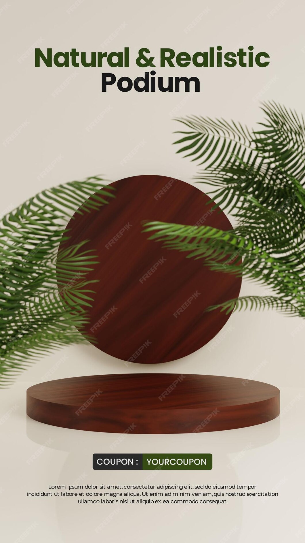 Premium PSD | Natural podium with realistic wood and palm tree