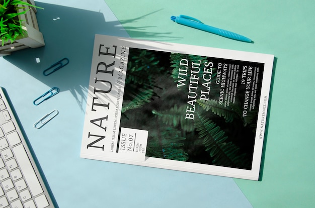 Nature magazine next to keyboard mock up PSD file | Free ...