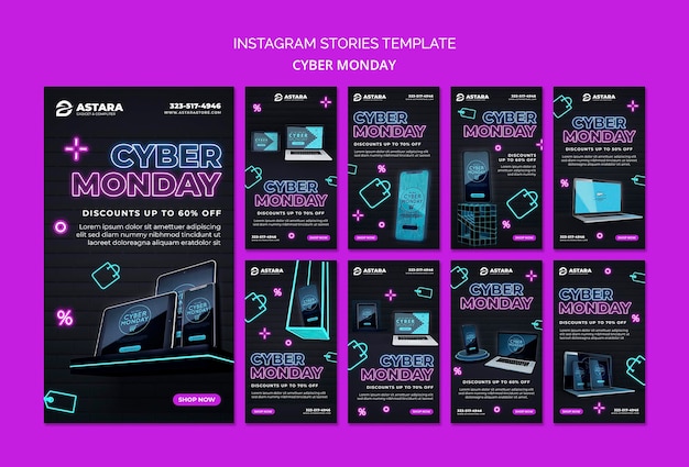 Neon cyber monday instagram stories collection Free Psd