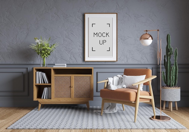 Premium Psd Nordic Style Interior Design Wood Cabinet And Wood Chair On Gray Wall With Parque Wood Flooring