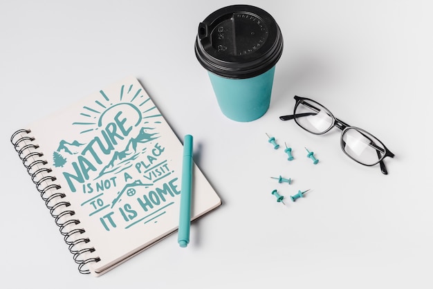 Download Notebook mockup with take away coffee cup PSD file | Free ... PSD Mockup Templates
