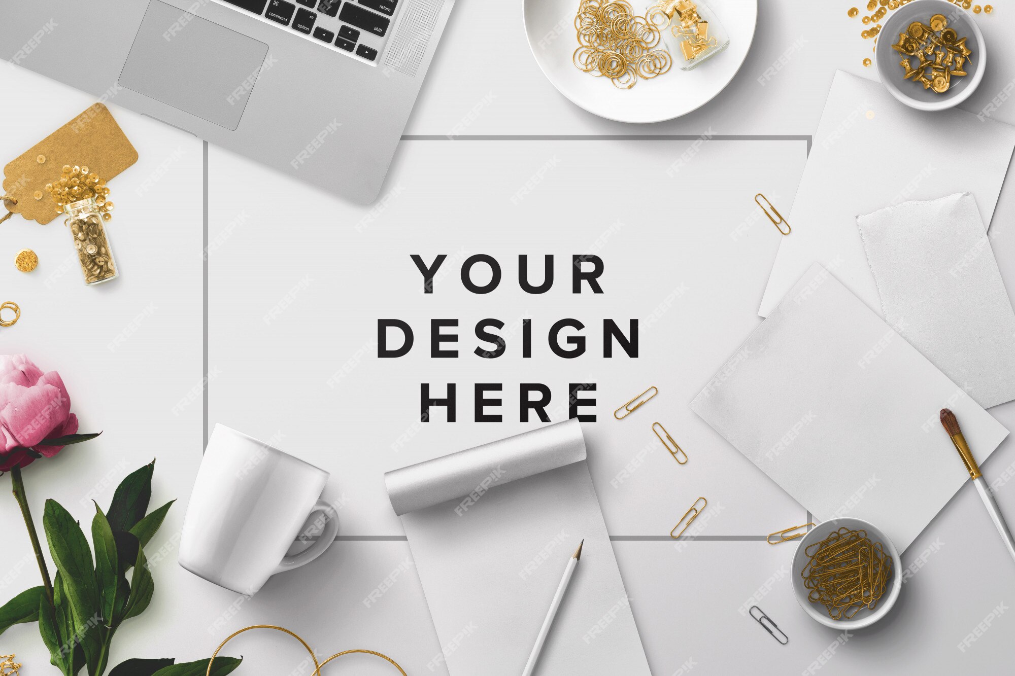 Free PSD | Office desktop mockup with laptop and papers