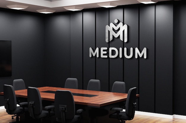Premium PSD | Office logo mockup on black wall in meeting room
