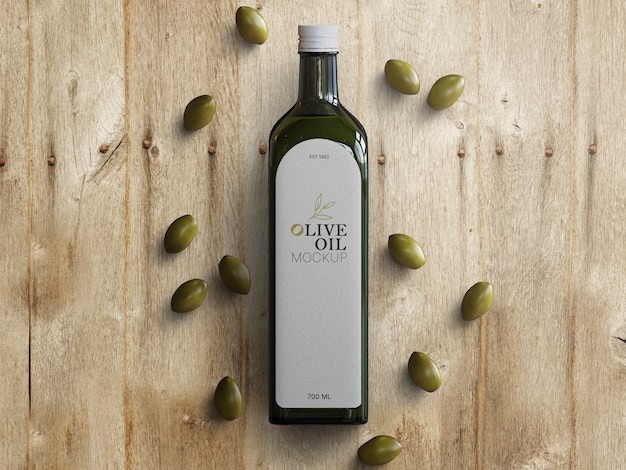 Download Premium Psd Olive Oil Glass Bottle Mockup With Scattered Olives On Wooden Table