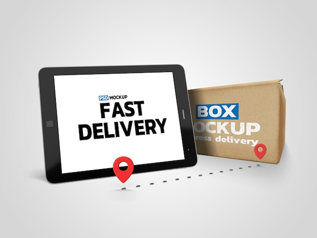 Download Premium PSD | Online deliverly box mockup with tablet PSD Mockup Templates