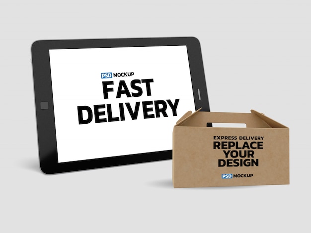 Download Premium PSD | Online delivery box mockup with tablet