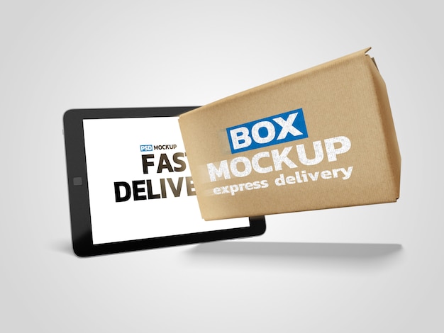 Download Online delivery box mockup with tablet | Premium PSD File